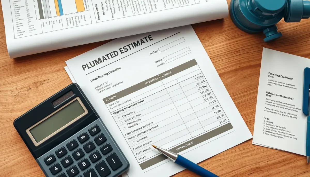 Devis de plomberie et calculatrice sur une table en bois