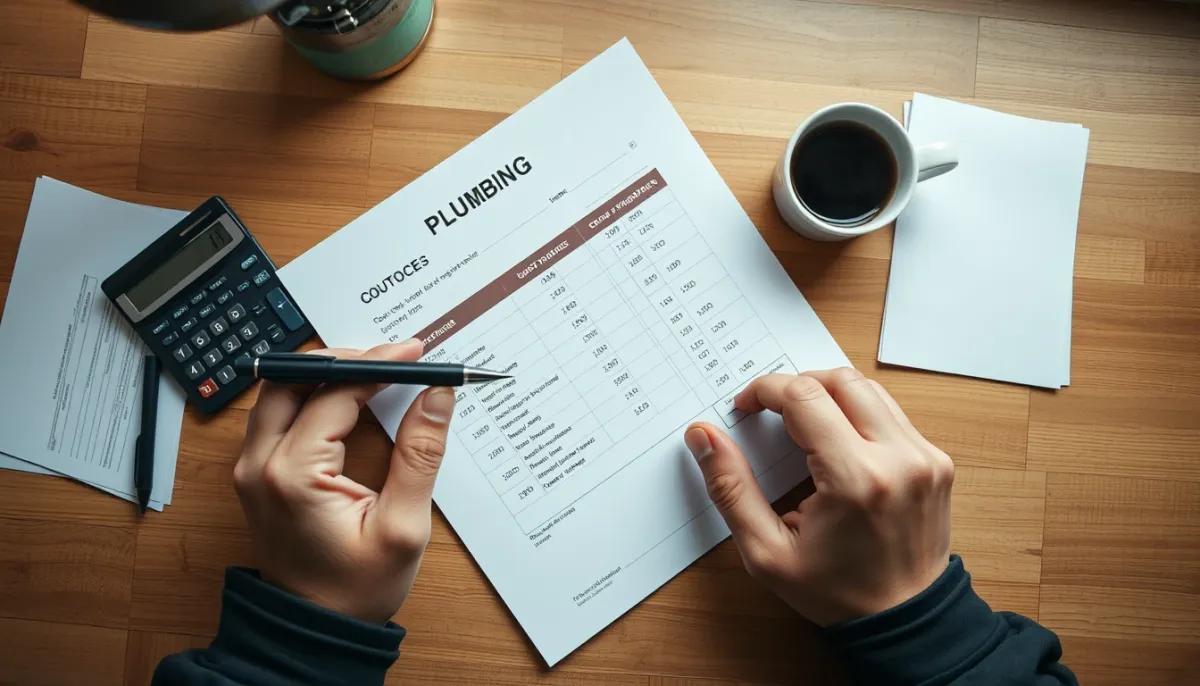 Mains d'un plombier tenant un devis détaillé et un stylo, vue de dessus, avec calculatrice sur un bureau