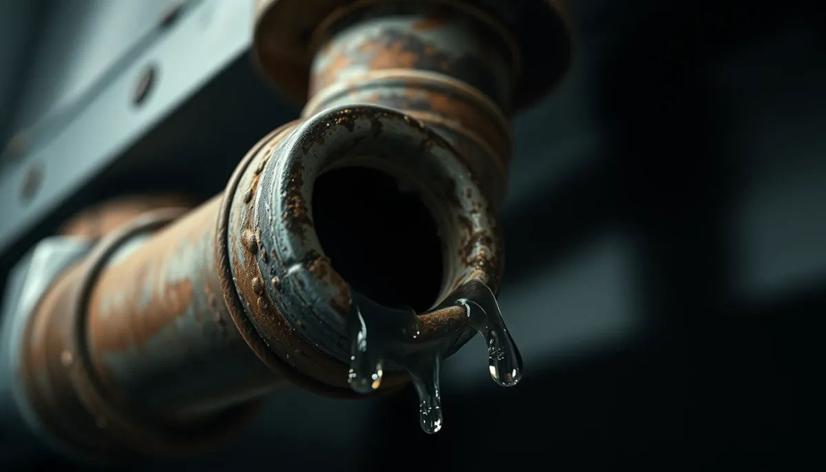 Gros plan sur une canalisation corrodée avec une fuite d'eau, illustrant les risques d'une intervention mal réalisée