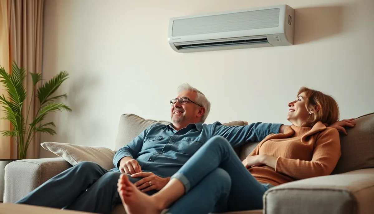 Couple se détendant dans un salon climatisé sans unité extérieure