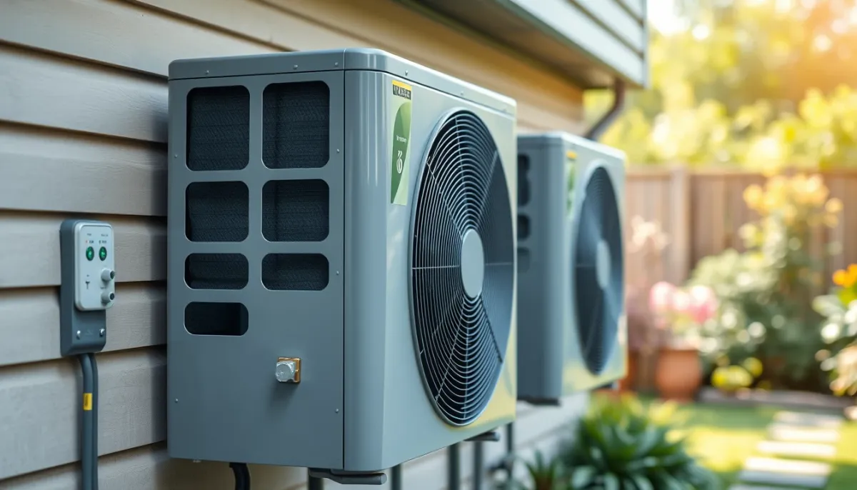Unité extérieure d'une pompe à chaleur air/eau installée contre un mur de maison