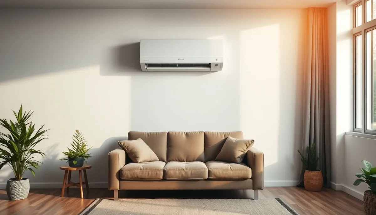 Salon confortable avec une unité intérieure de pompe à chaleur air/air murale
