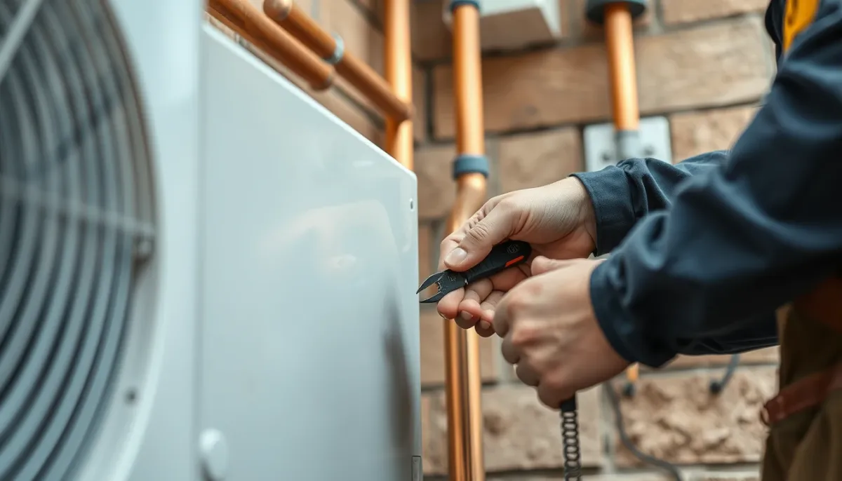 Technicien installant une pompe à chaleur, gros plan sur les mains et les raccords