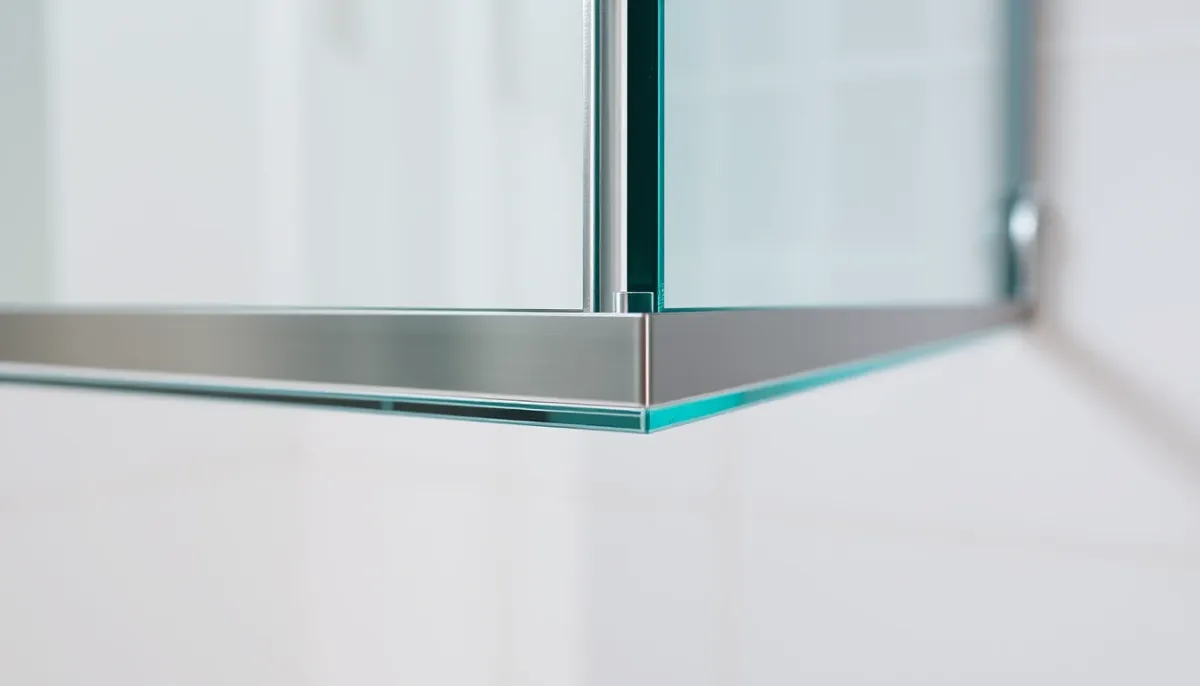 Détail de la fixation d'une paroi de douche en verre avec profilé et joint silicone