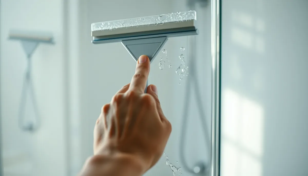 Nettoyage d'une paroi de douche en verre avec une raclette