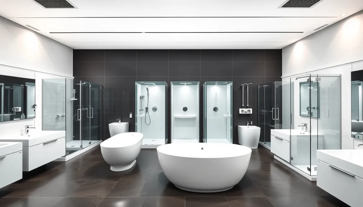 Showroom de salles de bains avec différentes parois de douche exposées