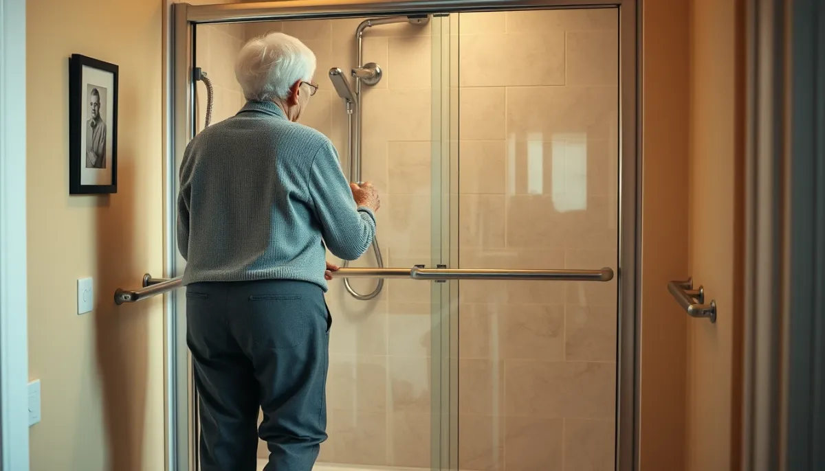 Personne âgée entrant dans une douche à l'italienne accessible avec paroi en verre