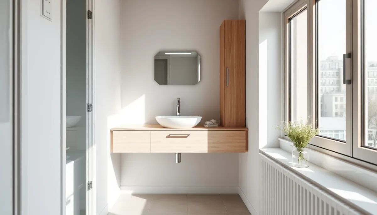 Meuble vasque suspendu peu profond dans une salle de bains de 4 m², libérant le sol