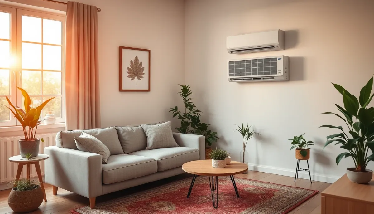 Intérieur confortable avec une pompe à chaleur murale en fonctionnement