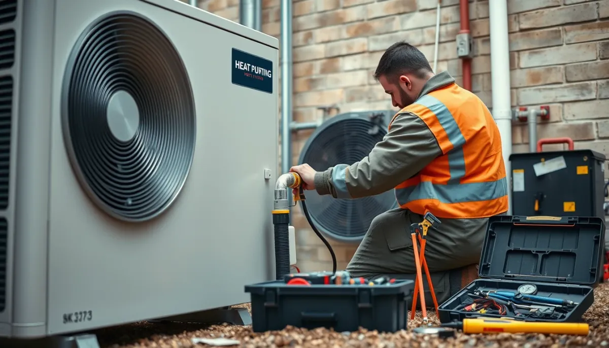 Installation d'une pompe à chaleur par un professionnel sur un chantier