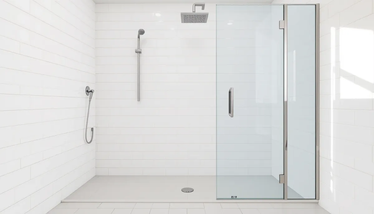 Douche à l'italienne terminée avec carrelage blanc et paroi en verre, aspect sec et entretenu