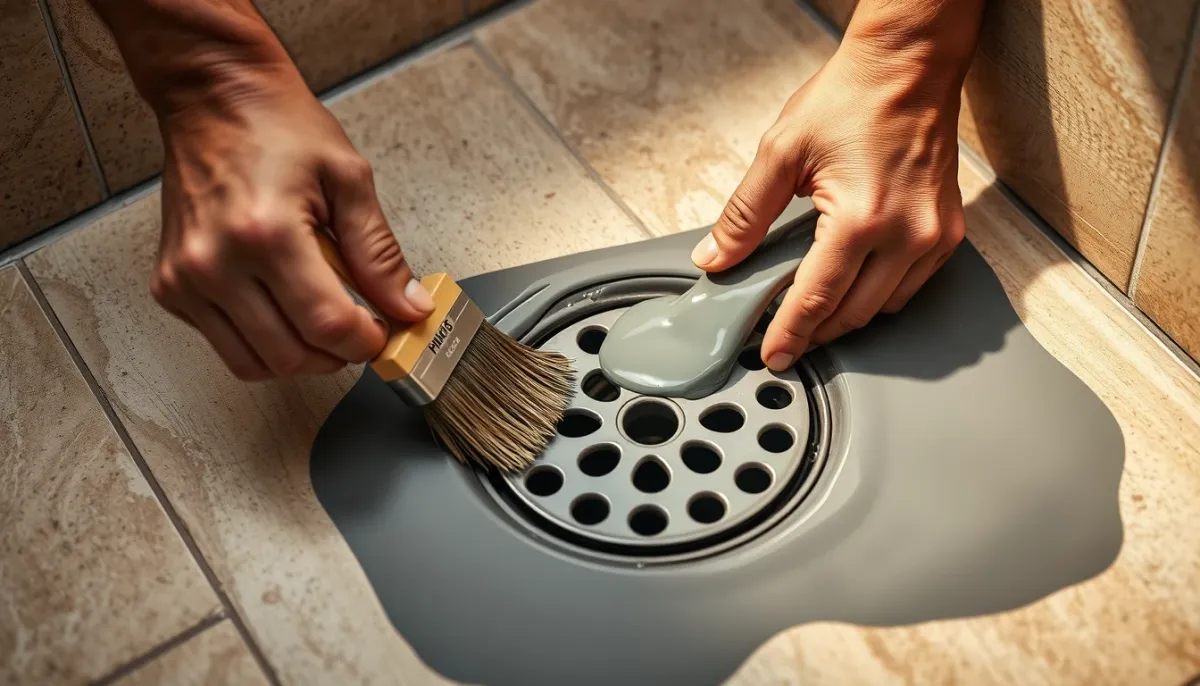 Application de membrane liquide autour de la bonde d'une douche à l'italienne