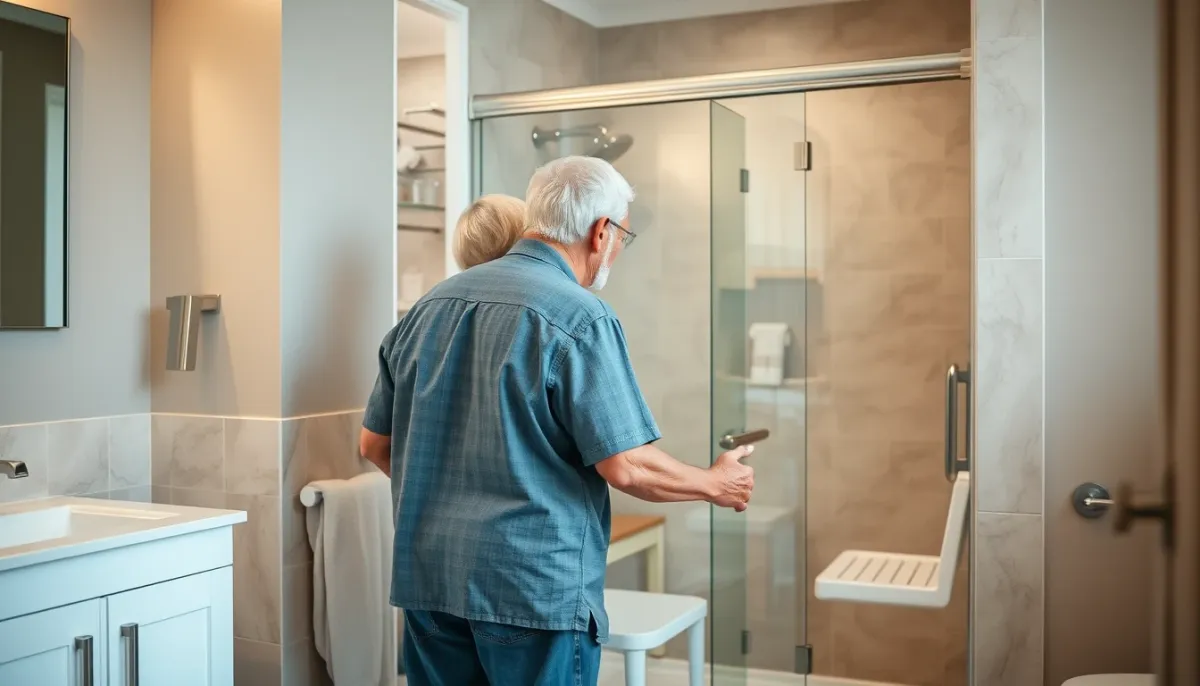 Couple senior utilisant une douche à l'italienne adaptée avec siège rabattable et barres d'appui