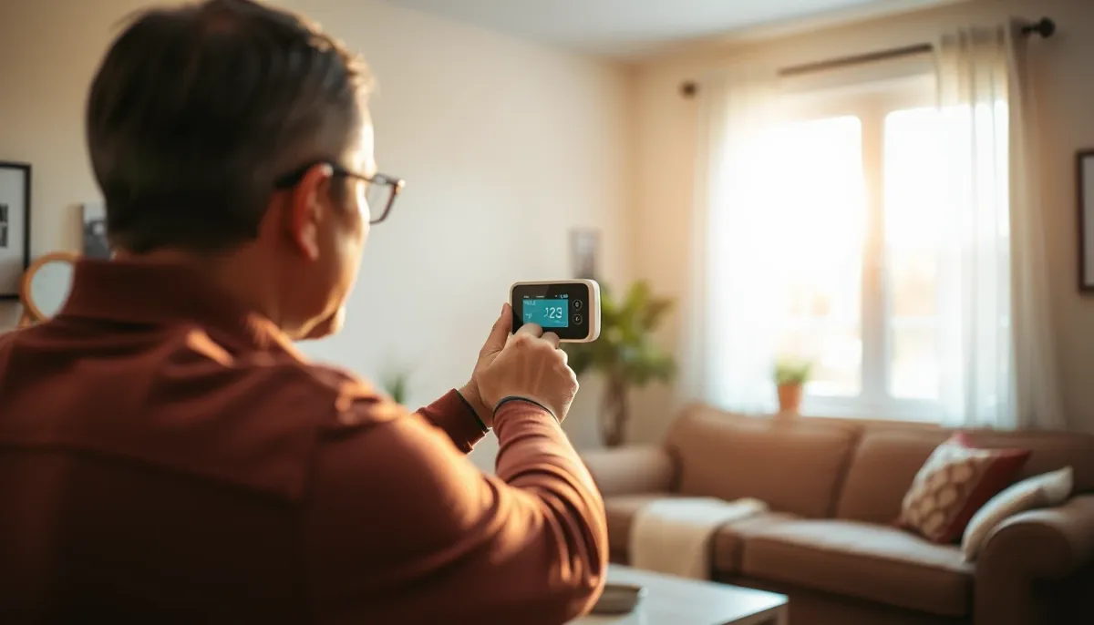 Propriétaire réglant le thermostat d'une pompe à chaleur dans un salon