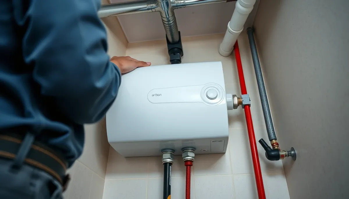 Installation d'un chauffe-eau Ariston par un plombier dans une salle de bain