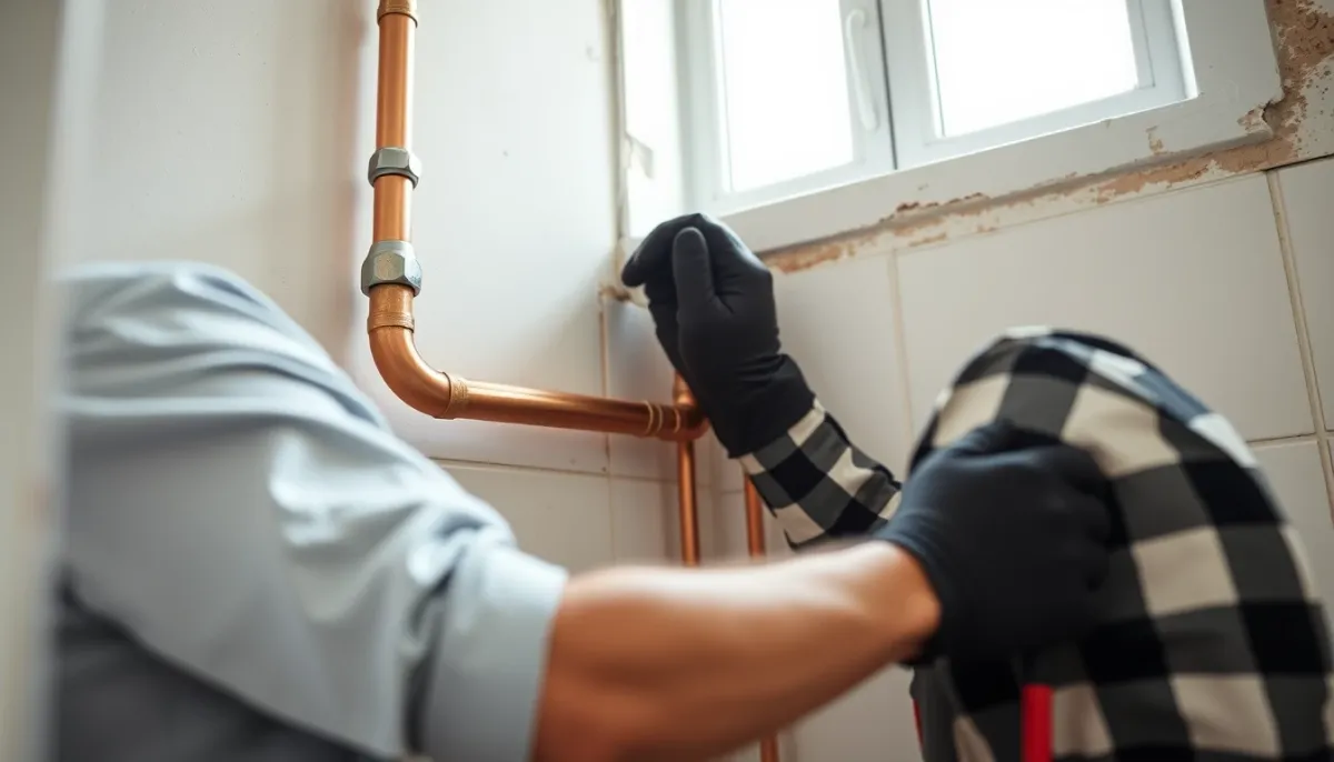 Plombier installant des tuyaux de cuivre lors de la rénovation d'une salle de bains
