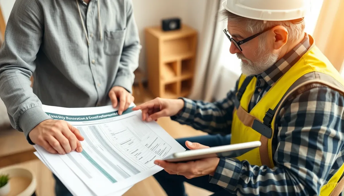 Propriétaire et artisan examinant les aides financières pour la rénovation d'une salle de bains