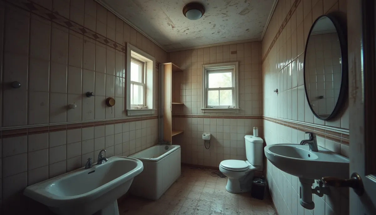 Salle de bains vétuste avant rénovation avec équipements datés et carrelage usé