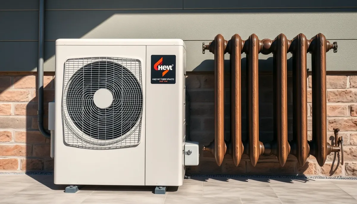 Unité extérieure de pompe à chaleur haute température à côté d'un radiateur en fonte