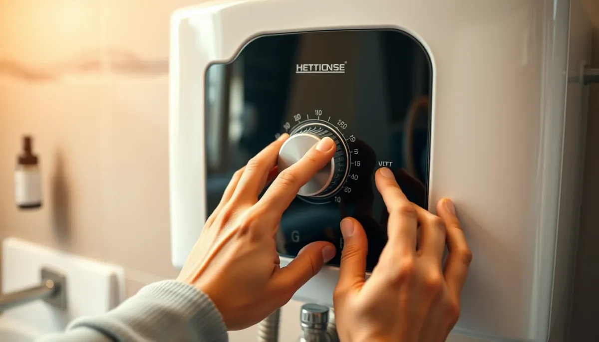 Main réglant la température sur un chauffe-eau instantané gaz