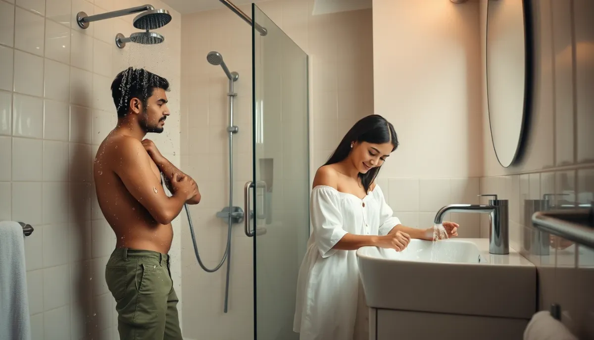 Famille utilisant simultanément la douche et le lavabo avec un chauffe-eau instantané