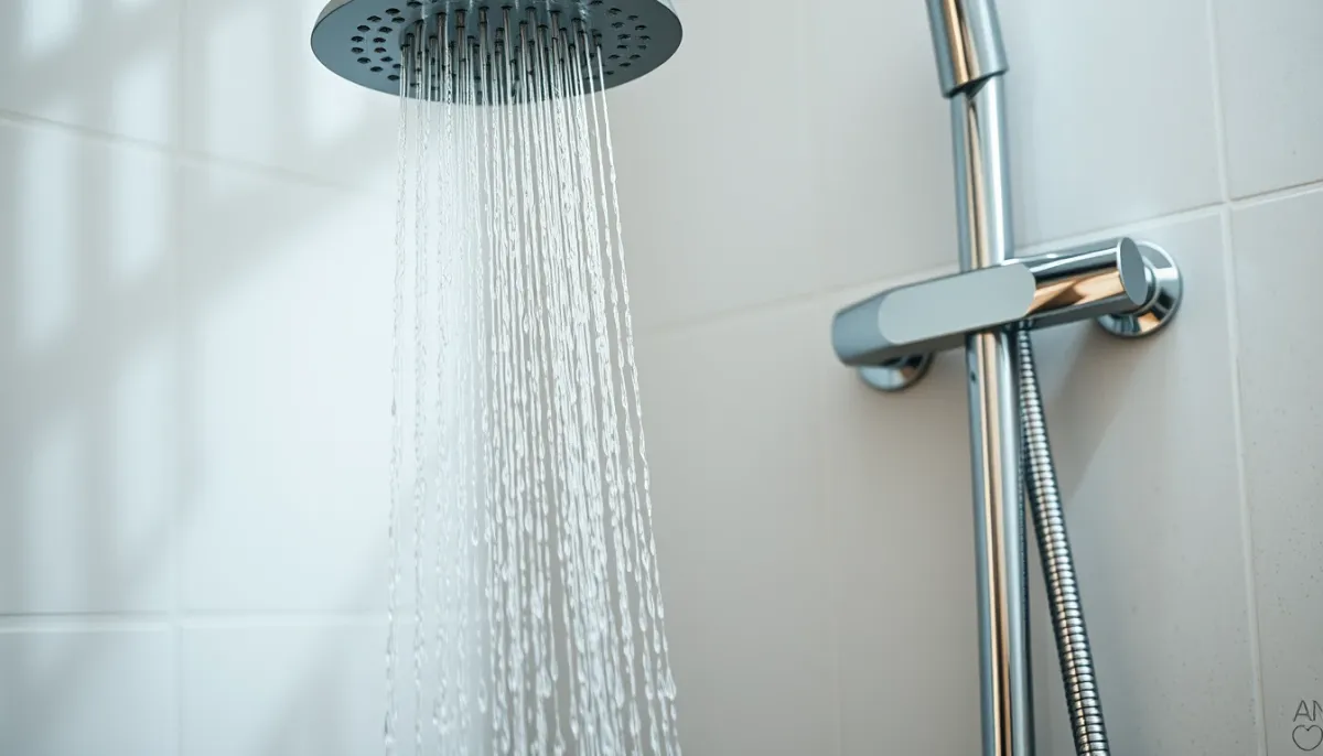 Colonne de douche thermostatique moderne avec pommeau de pluie sur mur carrelé