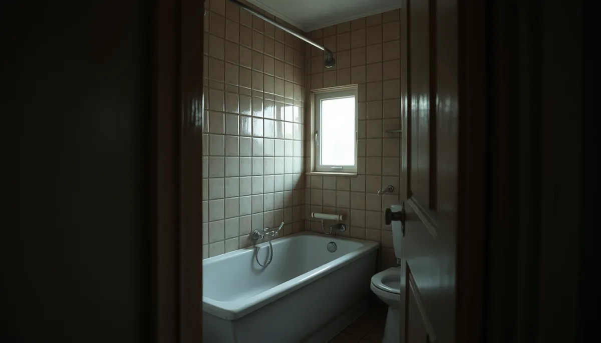 Salle de bains ancienne avec baignoire vétuste et espace exigu