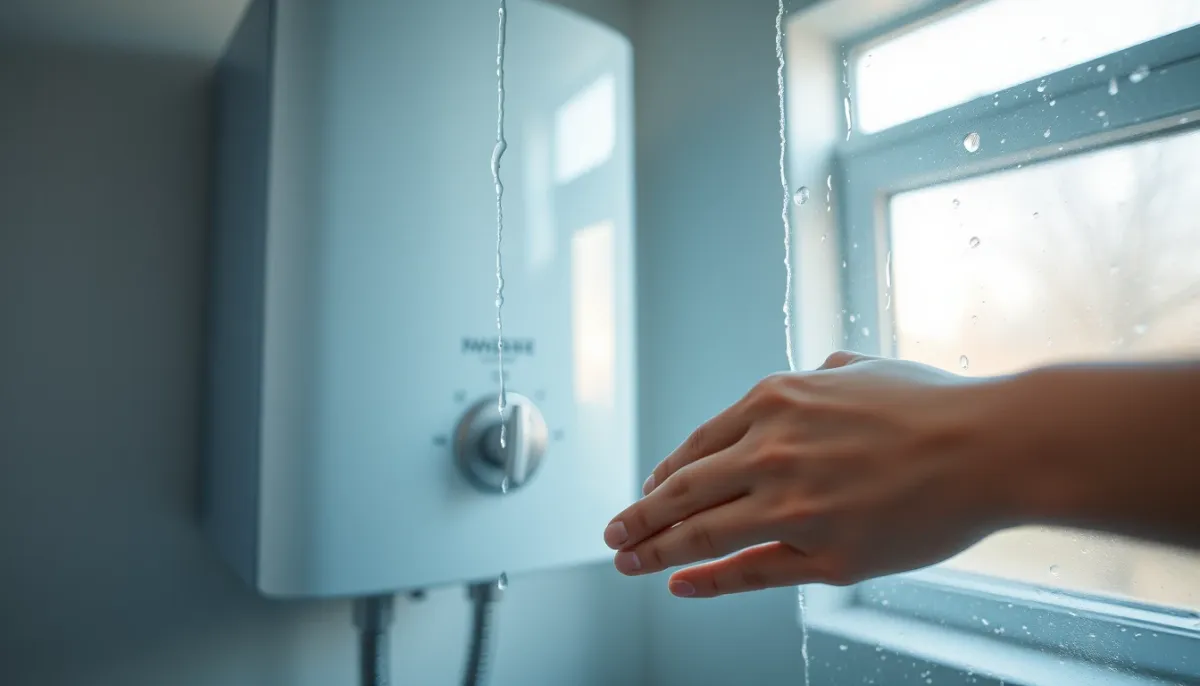 Salle de bains familiale avec chauffe-eau et réglage de la douche pour illustrer le confort au quotidien