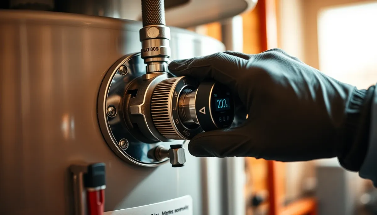 Mains d'un plombier en train de remplacer la résistance et le thermostat d'un chauffe-eau