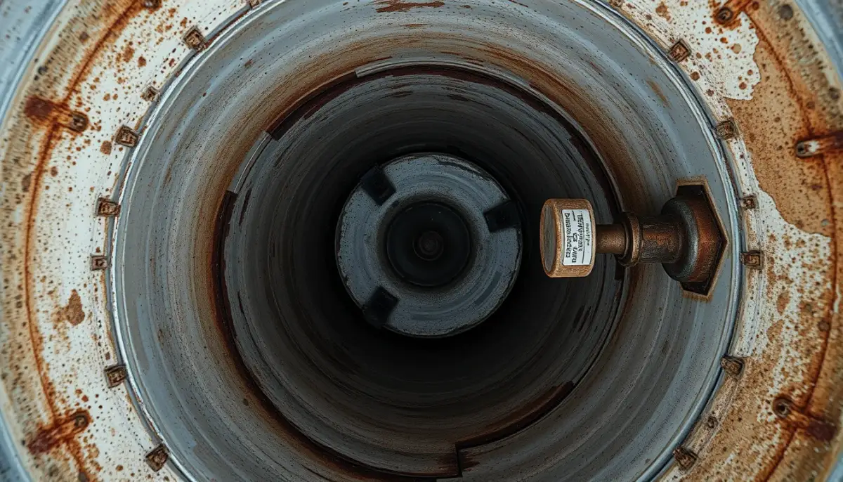 Intérieur d'une cuve de chauffe-eau entartrée et corrodée, vue de dessus
